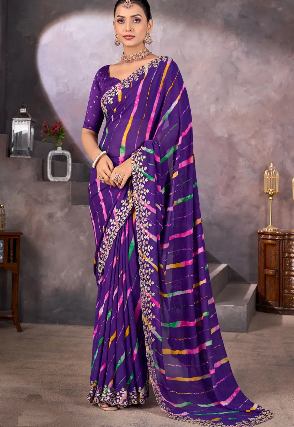 Digital Printed Georgette Scalloped Saree in Purple