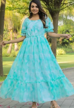 Digital Printed Georgette Gown in Turquoise
