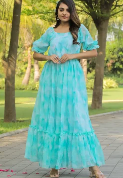 Digital Printed Georgette Gown in Turquoise