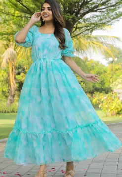 Digital Printed Georgette Gown in Turquoise