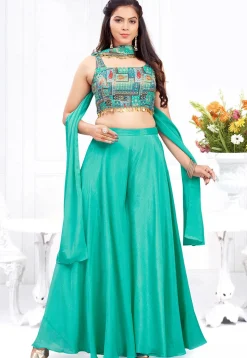 Digital Printed Georgette Crop Top Set in Sea Green