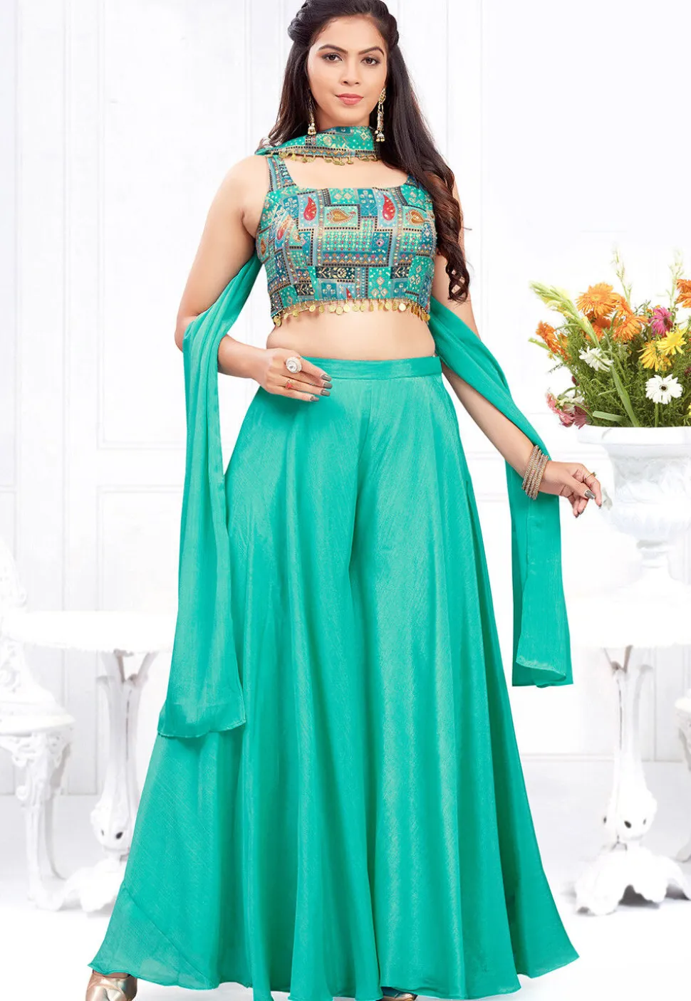 Digital Printed Georgette Crop Top Set in Sea Green