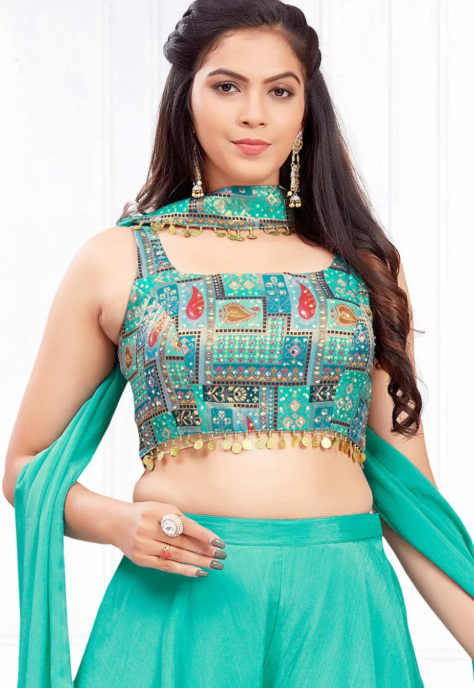 Digital Printed Georgette Crop Top Set in Sea Green