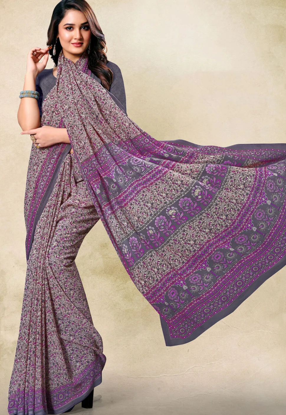 Digital Printed Georgette Saree in Cream and Purple