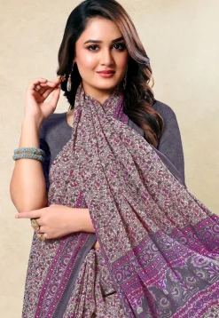 Digital Printed Georgette Saree in Cream and Purple