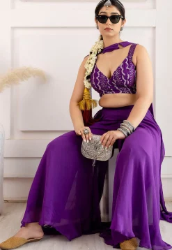 Digital Printed Georgette Crop Top Set in Purple