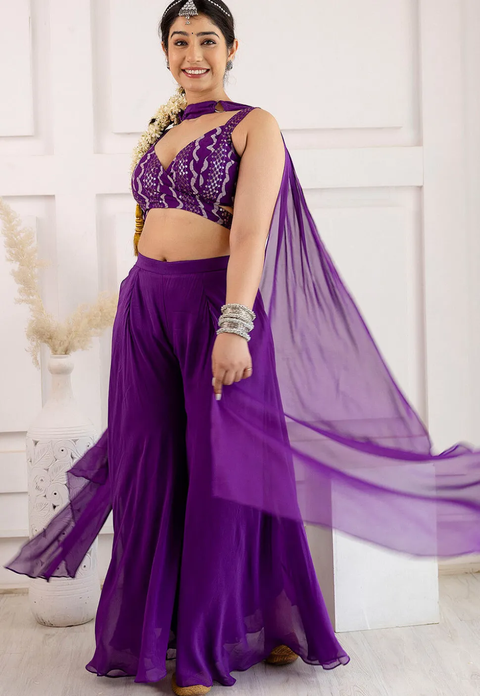 Digital Printed Georgette Crop Top Set in Purple
