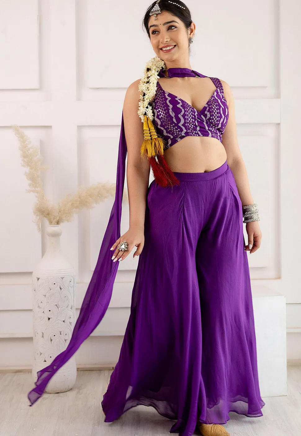 Digital Printed Georgette Crop Top Set in Purple