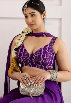 Digital Printed Georgette Crop Top Set in Purple