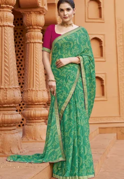 Digital Printed Georgette Saree in Teal Green