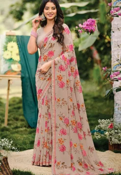 Digital Printed Georgette Saree in Fawn