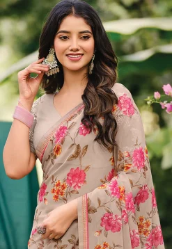 Digital Printed Georgette Saree in Fawn
