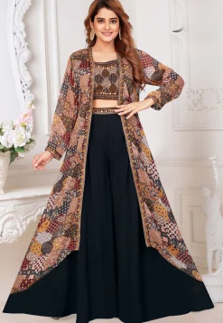 Digital Printed Georgette Crop Top Set in Multicolor