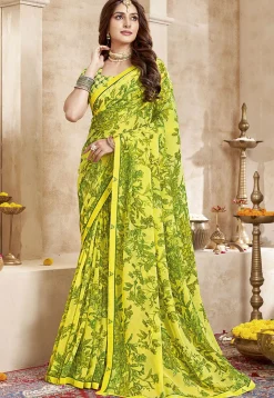 Digital Printed Georgette Saree in Yellow
