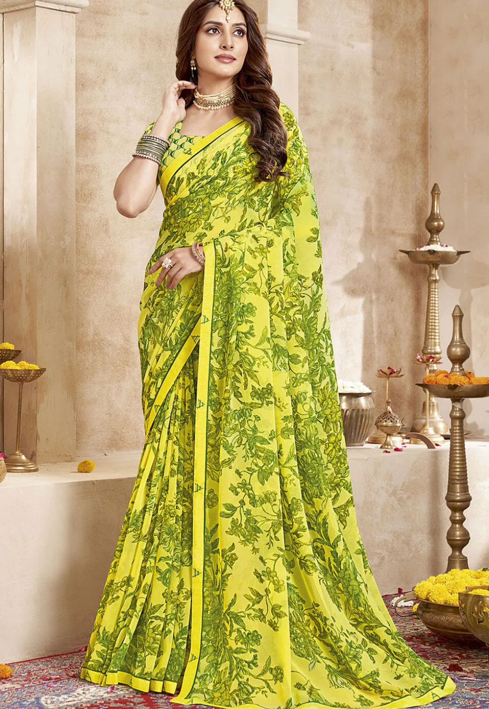 Digital Printed Georgette Saree in Yellow