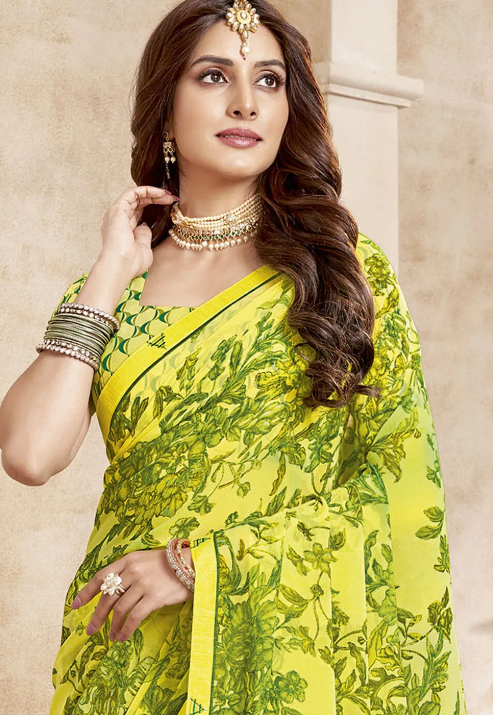 Digital Printed Georgette Saree in Yellow