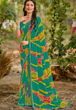 Digital Printed Georgette Saree in Teal Green