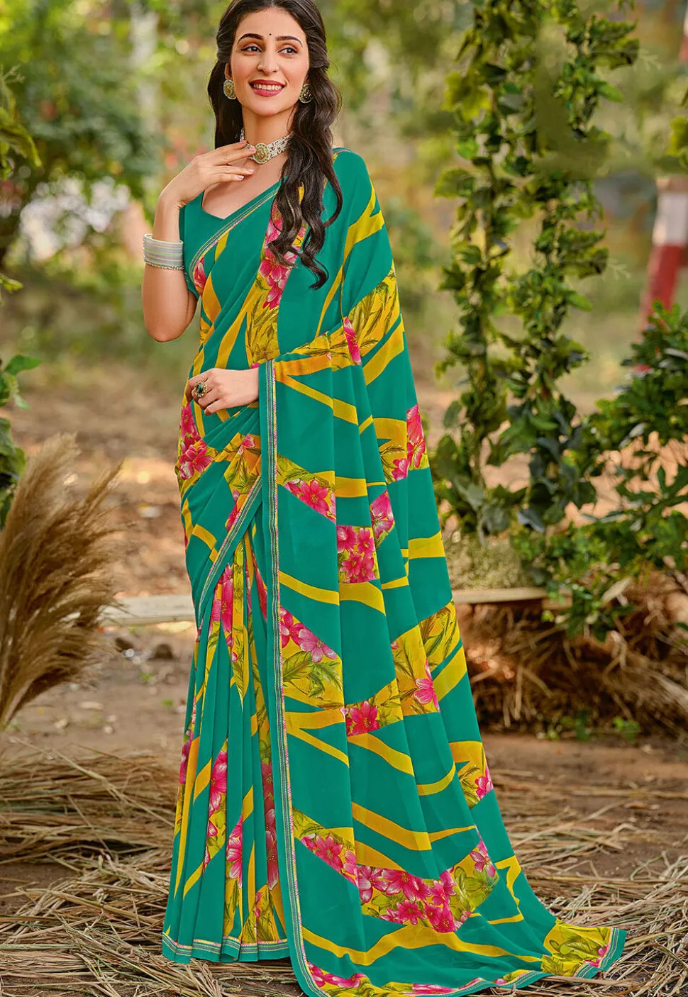 Digital Printed Georgette Saree in Teal Green