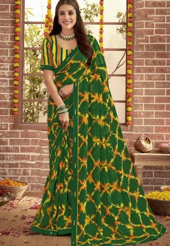 Digital Printed Georgette Saree in Green