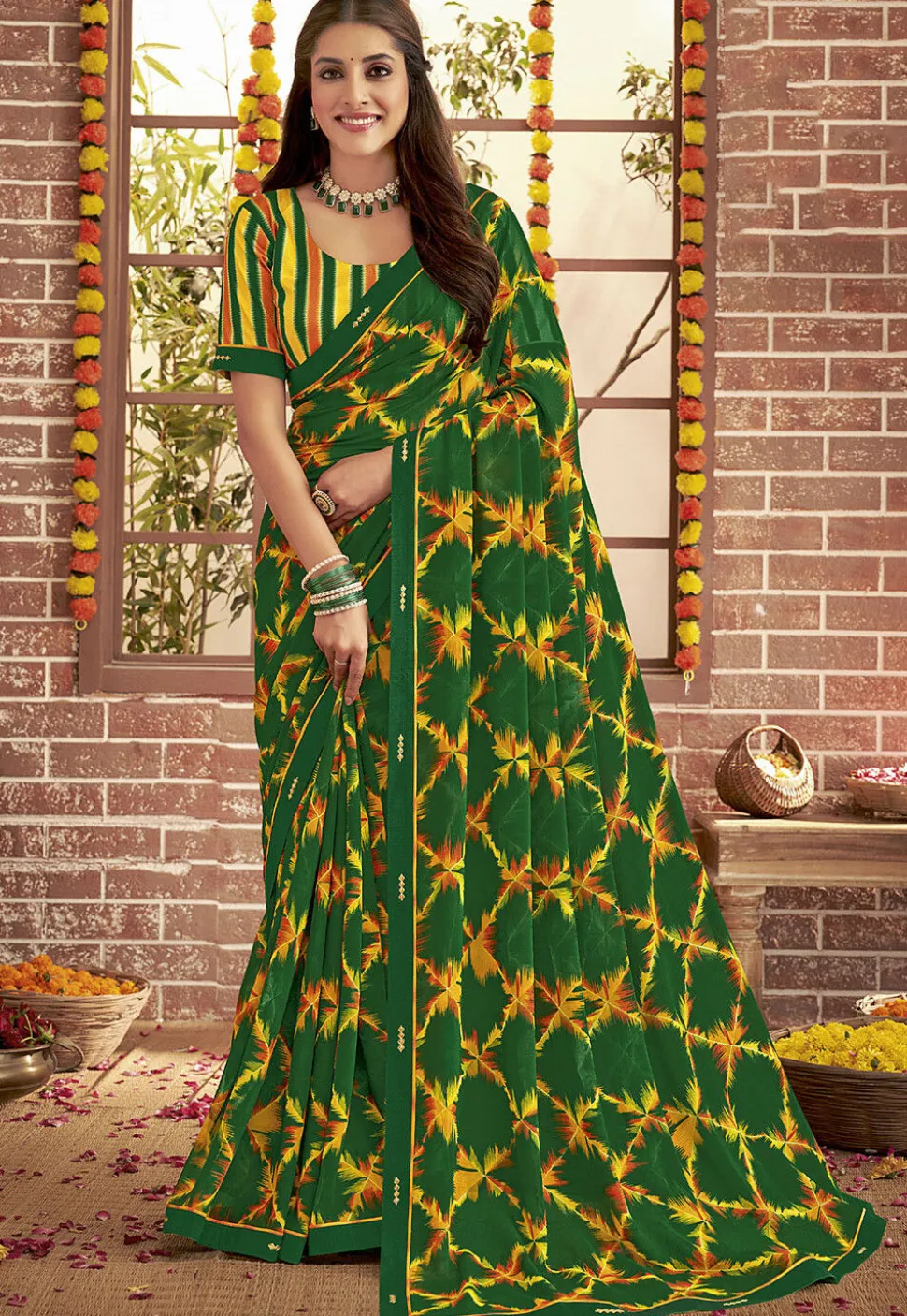 Digital Printed Georgette Saree in Green