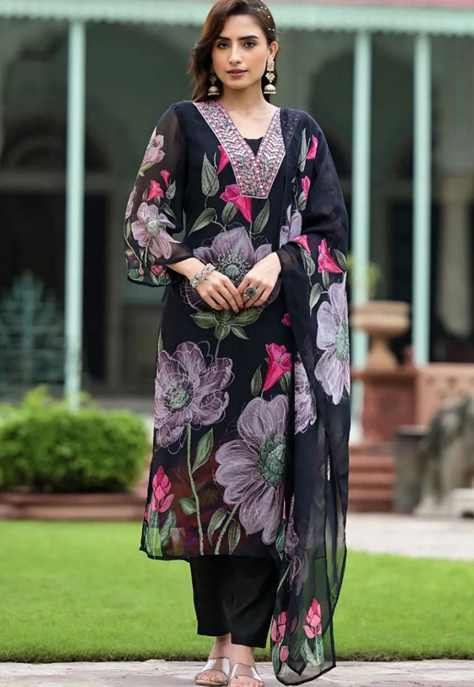 Digital Printed Georgette Pakistani suit in Black