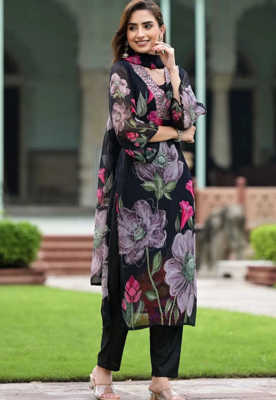 Digital Printed Georgette Pakistani suit in Black
