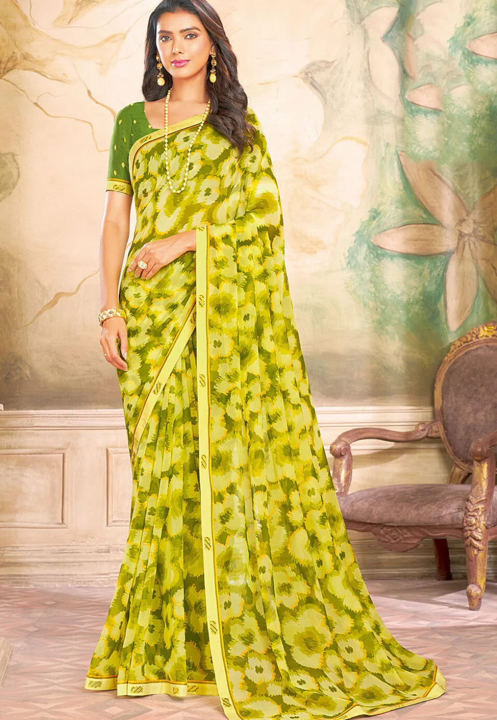 Digital Printed Georgette Saree in Light Green
