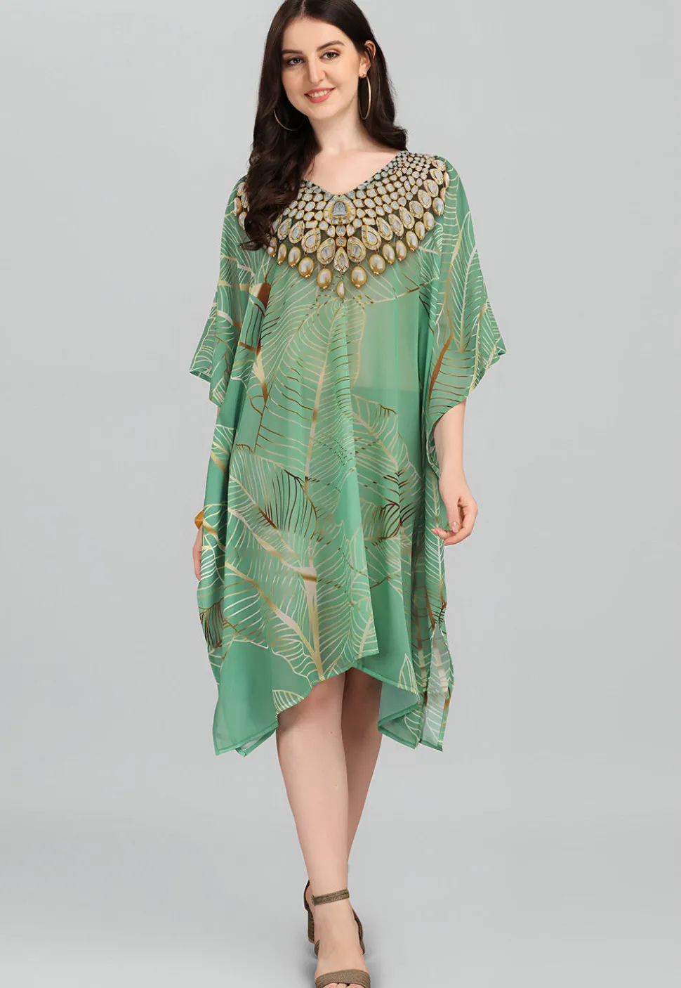 Digital Printed Georgette Kaftan in Light Green