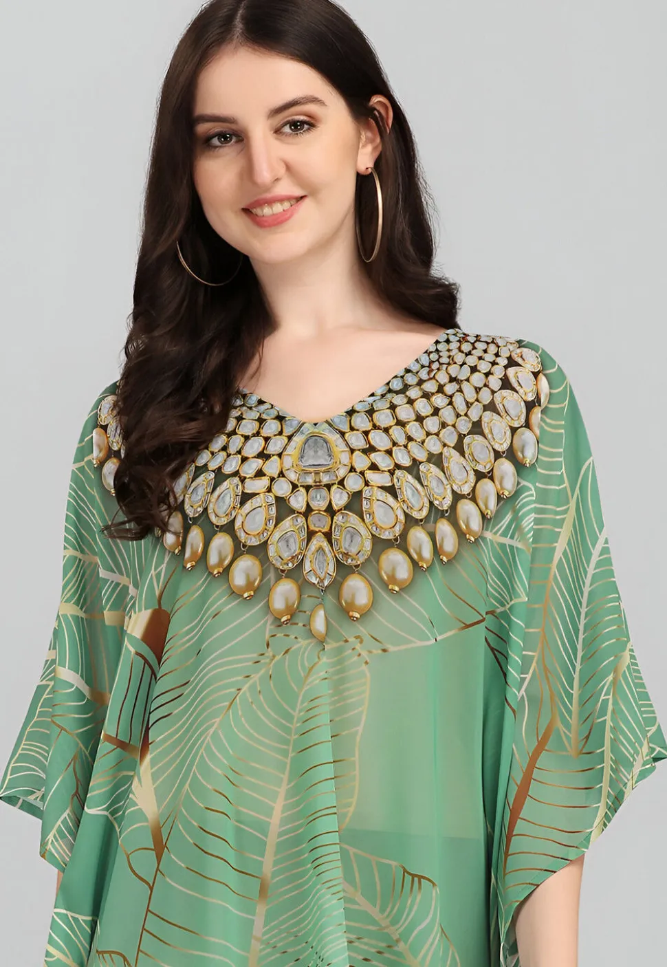 Digital Printed Georgette Kaftan in Light Green