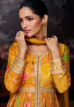 Digital Printed Georgette Abaya Style Suit in Mustard
