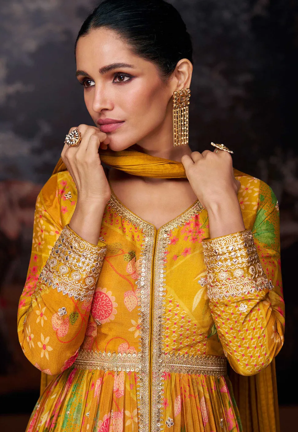 Digital Printed Georgette Abaya Style Suit in Mustard