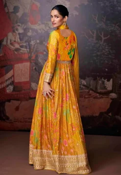 Digital Printed Georgette Abaya Style Suit in Mustard
