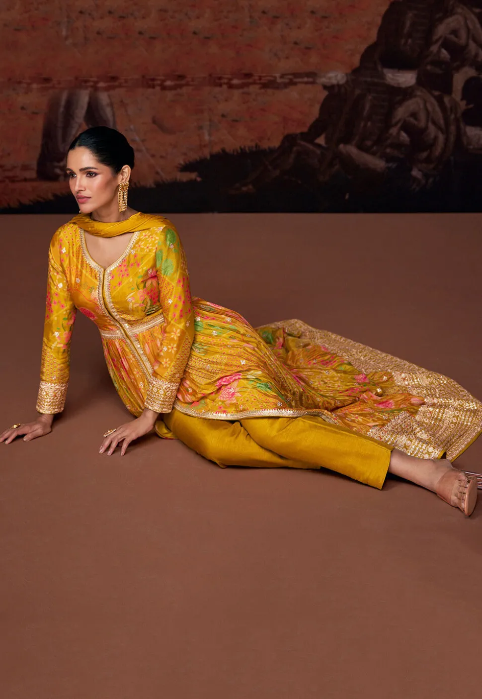 Digital Printed Georgette Abaya Style Suit in Mustard