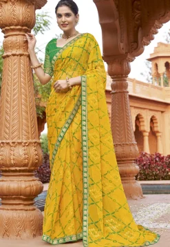 Digital Printed Georgette Saree in Yellow