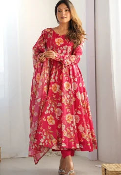 Digital Printed Georgette A Line Suit in Pink