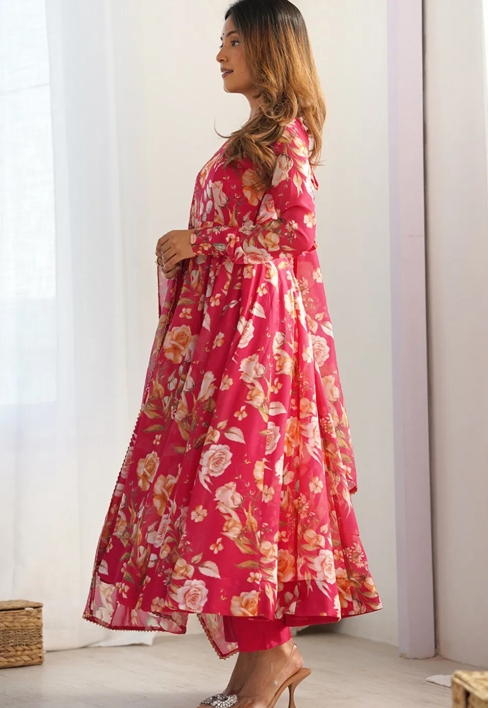 Digital Printed Georgette A Line Suit in Pink