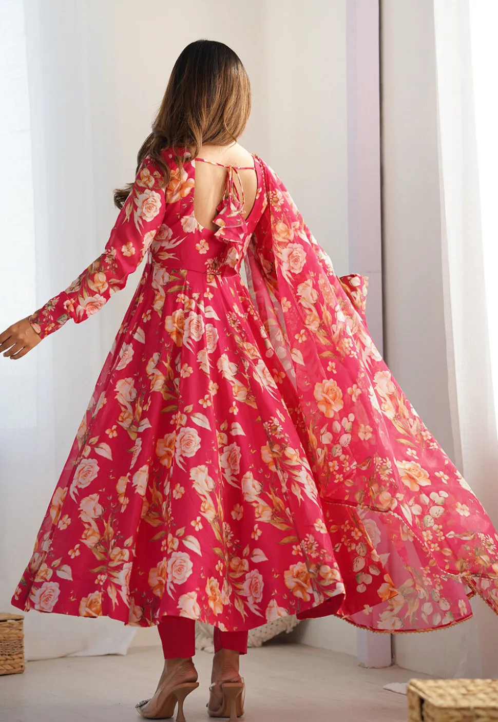 Digital Printed Georgette A Line Suit in Pink