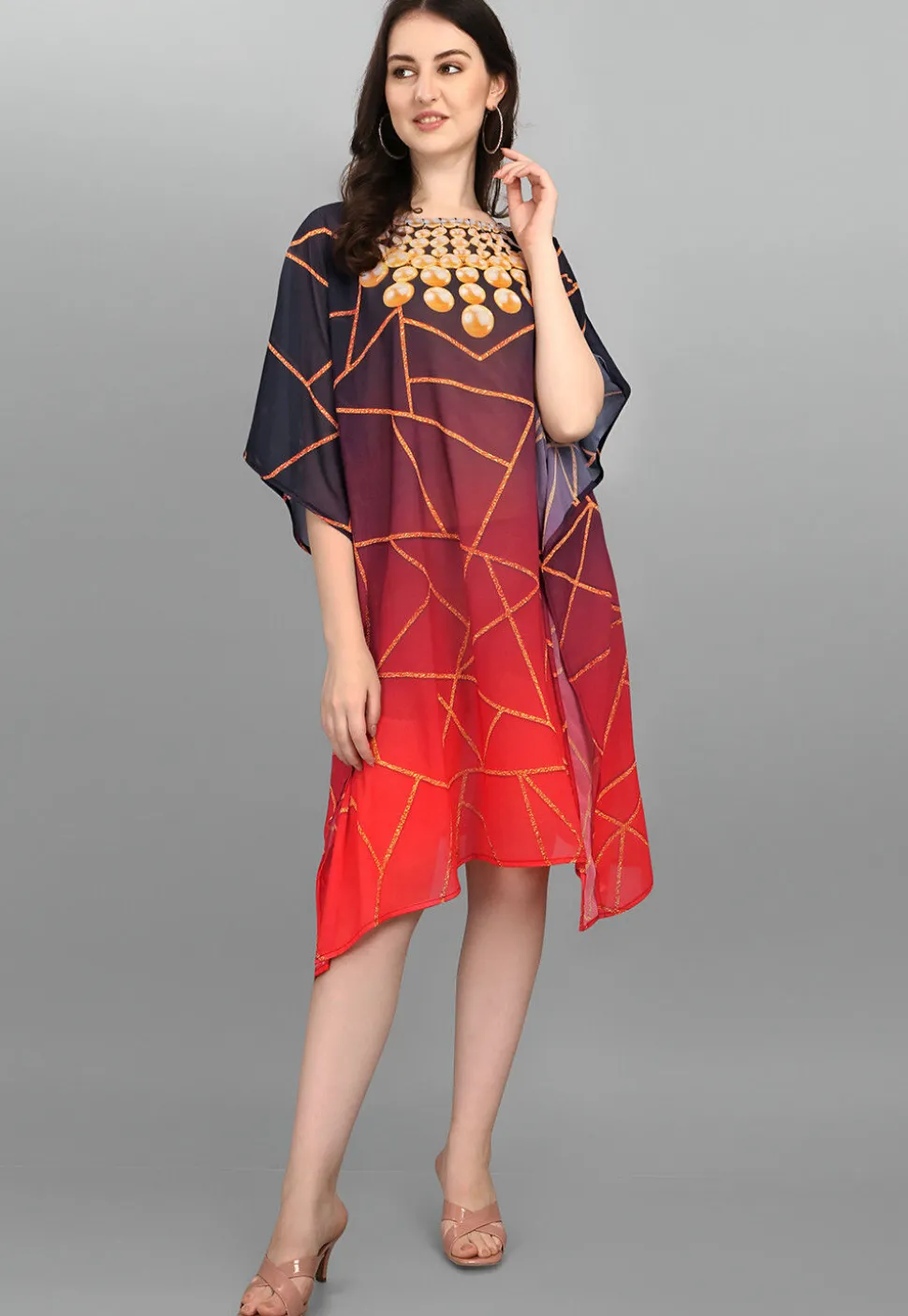 Digital Printed Georgette Kaftan in Black and Red