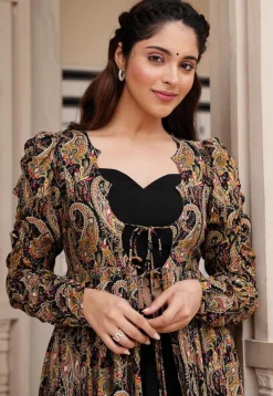 Digital Printed Georgette Crop Top Set in Black
