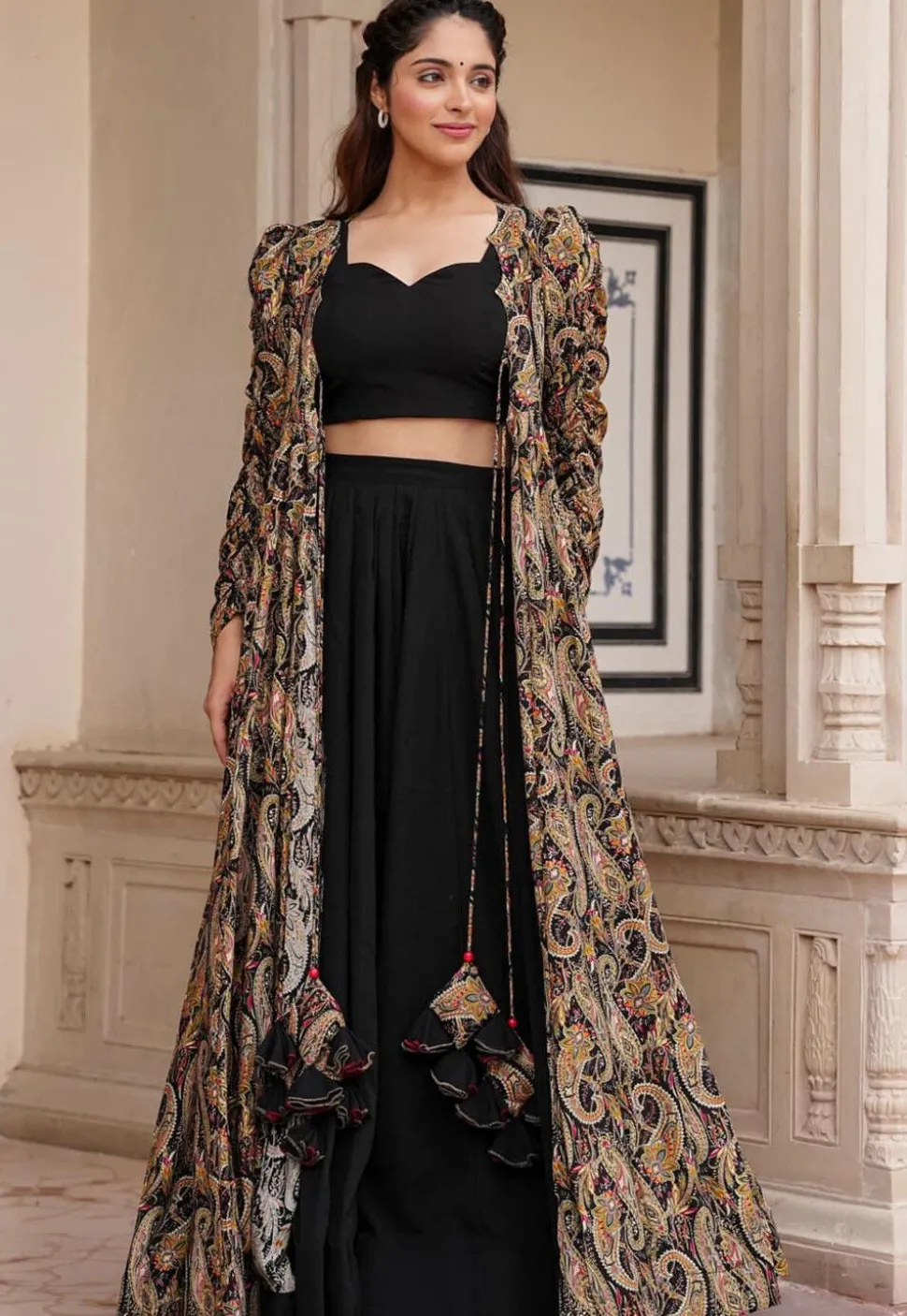 Digital Printed Georgette Crop Top Set in Black