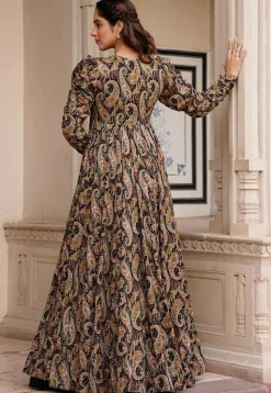 Digital Printed Georgette Crop Top Set in Black