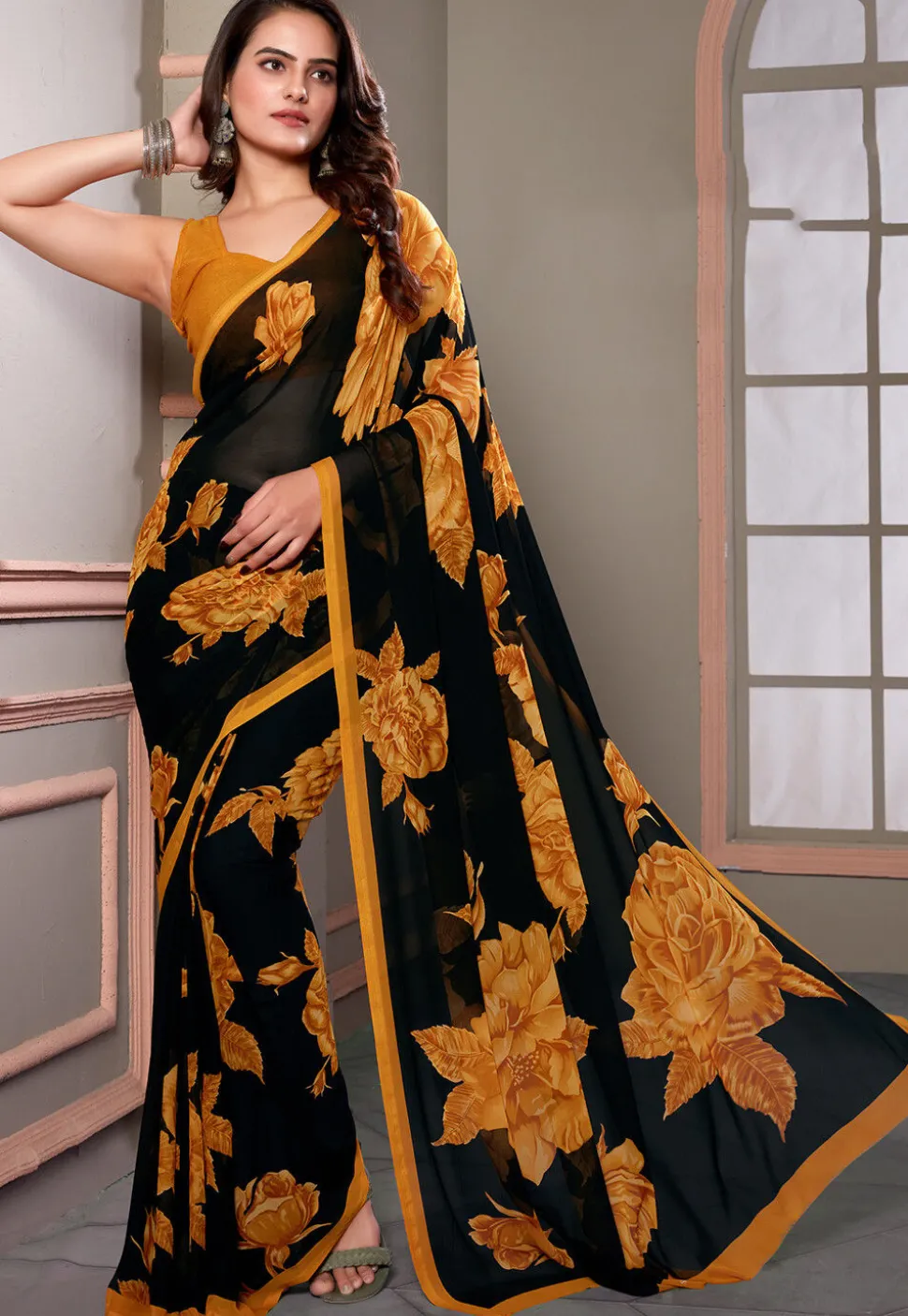 Digital Printed Georgette Saree in Black