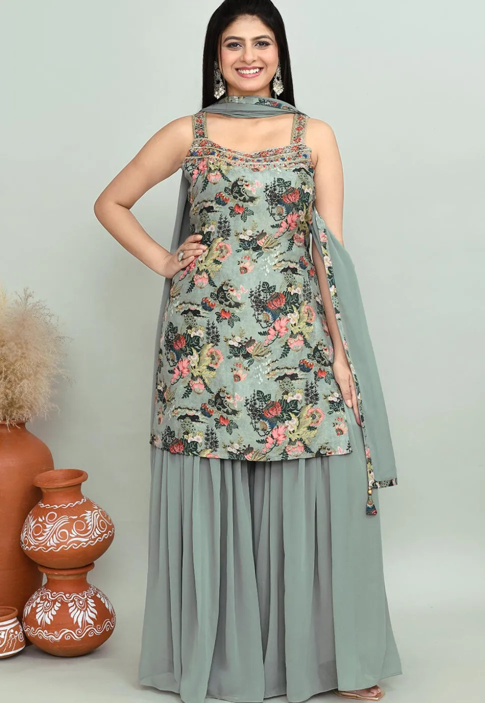 Digital Printed Georgette Pakistani Suit in Dusty Green