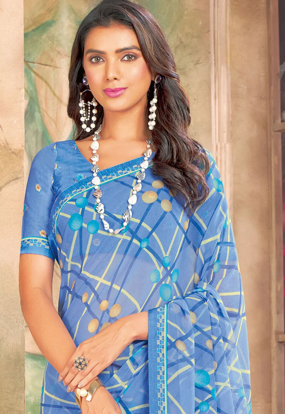 Digital Printed Georgette Saree in Blue