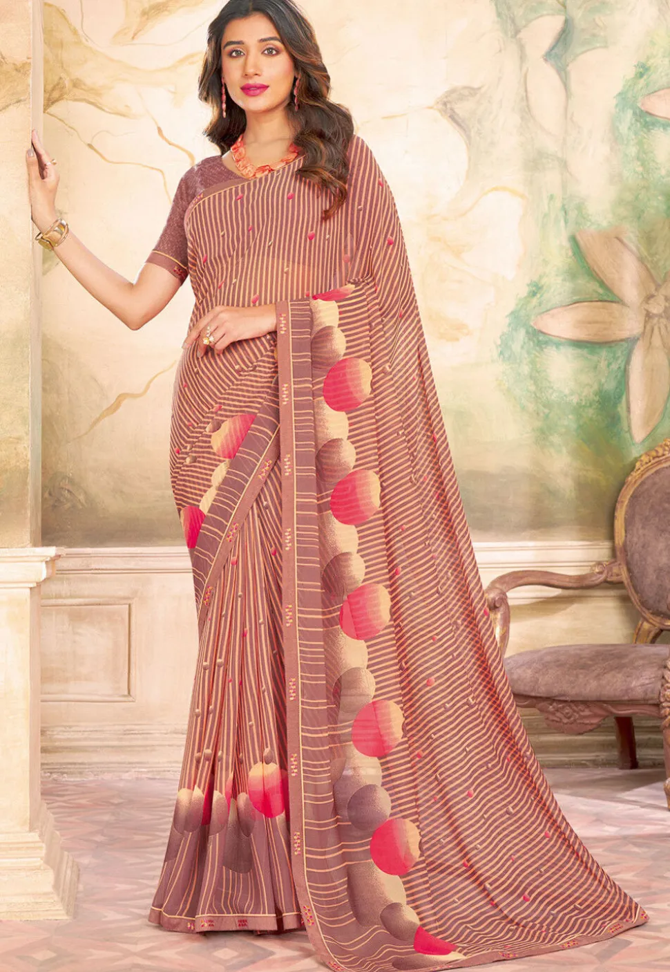 Digital Printed Georgette Saree in Brown