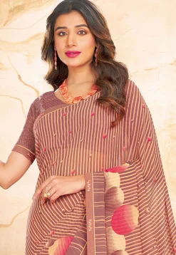 Digital Printed Georgette Saree in Brown