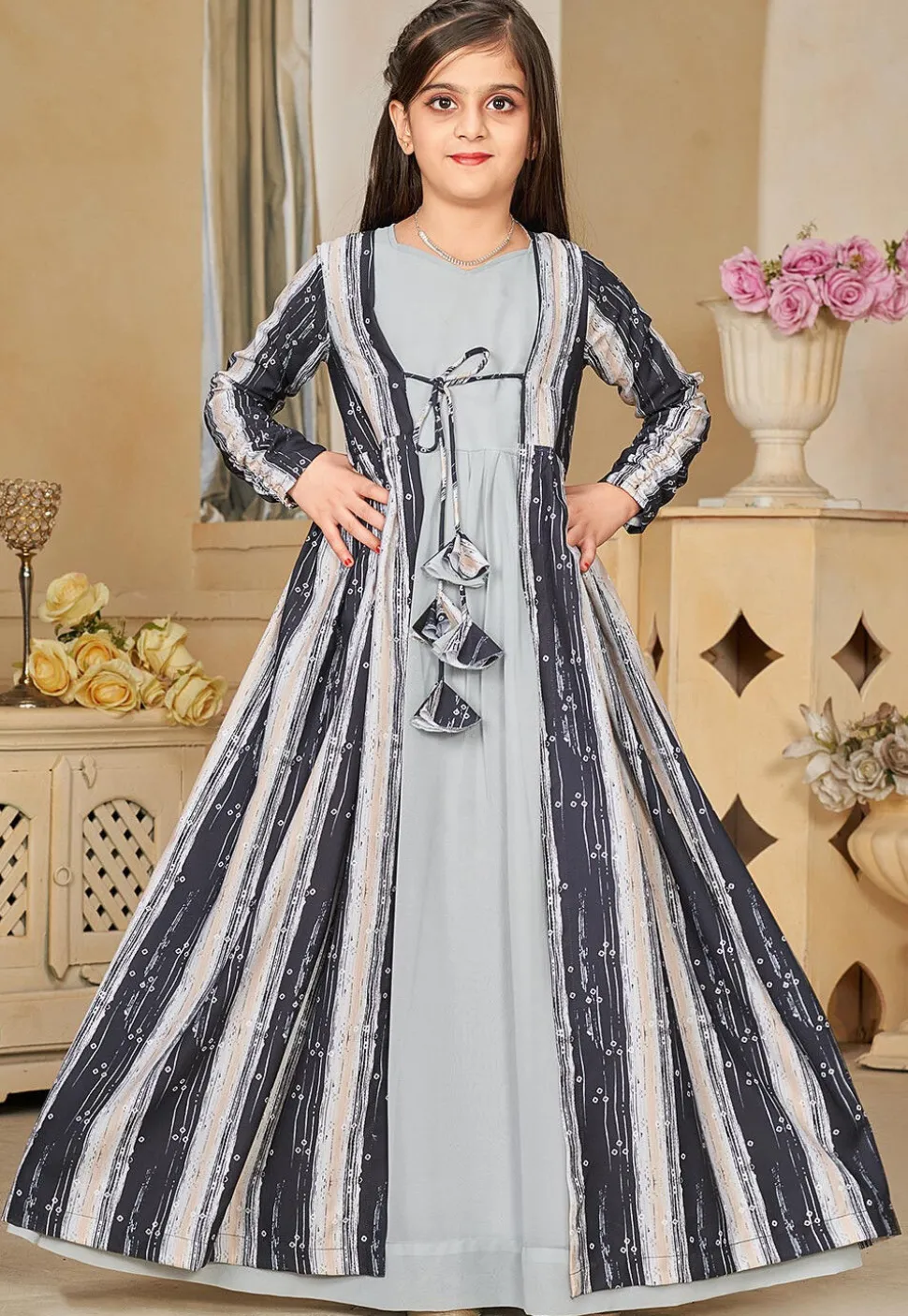 Digital Printed Georgette Gown in Grey