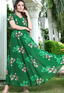 Digital Printed Georgette Maxi Dress in Green