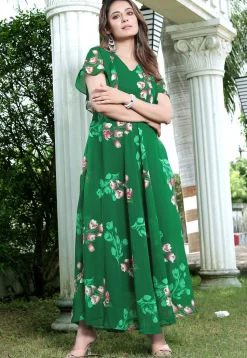 Digital Printed Georgette Maxi Dress in Green