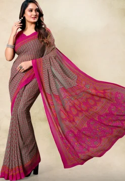 Digital Printed Georgette Saree in Light Grey